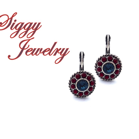 Swarovski Crystal Flower Earrings in Montana and Siam Red Antique Silver Finish - Picture 1 of 6